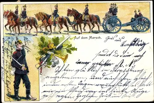 Litho Deutsche Soldaten in Uniformen, Marsch, Geschütz