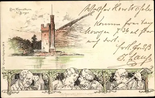 Litho Bingerbrück Bingen am Rhein, Mäuseturm, Wein, Weintrauben