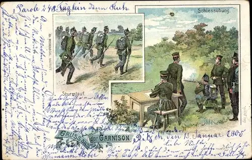 Litho Garnison, Schießübung, Deutsche Soldaten in Uniformen, Kaiserzeit