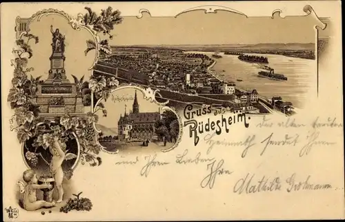 Litho Rüdesheim am Rhein, Totale, Denkmal, Engel, Kirche, Fluss