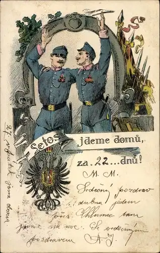 Wappen Litho Kaiserlich-königliche Soldaten in Uniformen, Freude