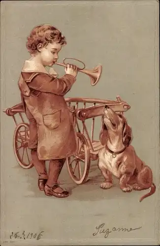 Präge Litho Junge spielt Trompete, Dackel