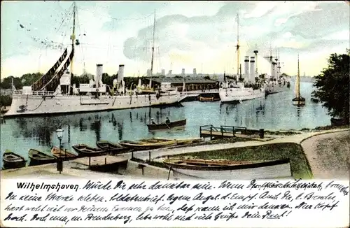 Ak Wilhelmshaven an der Nordsee, Deutsche Kriegsschiffe im Hafen