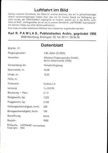 Ak Luftfahrt im Bild, Albatros L 83, Adler, D-2024, Deutsche Lufthansa