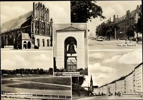 Ak Frankfurt an der Oder, Rathaus, Platz der Republik, Bahnhofstraße, Friedensglocke, Stadion