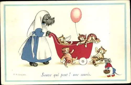 Künstler Ak Cooper, M. B., Hund als Kindermädchen, Kätzchen im Kinderwagen, Maus