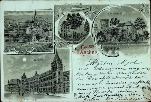 Mondschein Litho Aachen, Hauptpost, Linzenhäuschen, Frankenburg