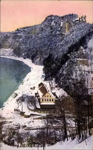 Ak Rathen an der Elbe Sächsische Schweiz, Erbgericht, Basteifelsen, Winter