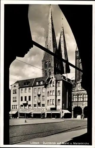 Ak Hansestadt Lübeck, Farbenhaus, Markt, Marienkirche