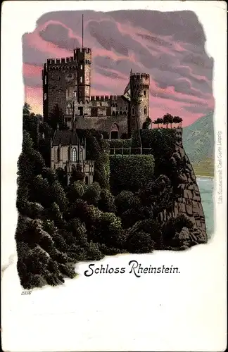 Litho Trechtingshausen am Rhein, Burg Rheinstein, Schloss