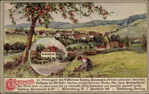 Litho Elbersroth Herrieden in Mittelfranken, Blick zum Ort, Mädchen pflückt Blumen