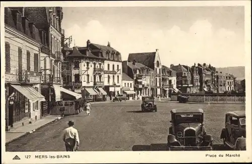Ak Mers les Bains Somme, Marktplatz, Automobil, Geschäfte