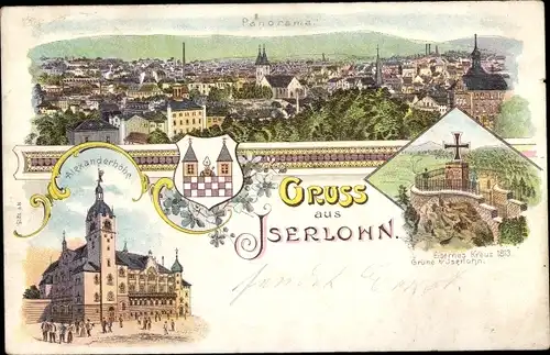 Litho Iserlohn im Märkischen Kreis, Alexanderhöhe, Panorama, Eisernes Kreuz