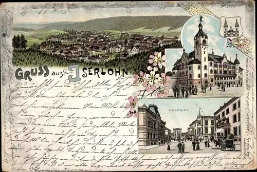 Litho Iserlohn im Märkischen Kreis, Panorama, Neue Schützenhalle, Kaiserplatz, Wappen