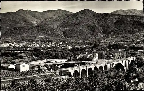 Ak Céret Pyrénées Orientales, Ortsansicht, Brücke, Hügel