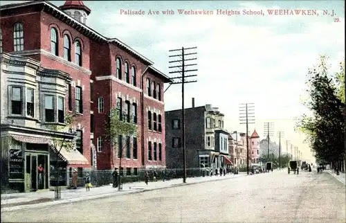 Ak Weehawken New Jersey USA, Palisade Ave mit Weehawken Heights School