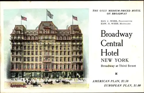 Ak New York City USA, Broadway Central Hotel