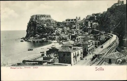 Ak Scilla Calabria, Panoramablick, Kastell Ruffo, Bahnstrecke