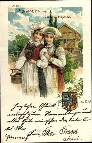 Glitzer Wappen Litho Schweden, Norwegen, Frauen, Trachten