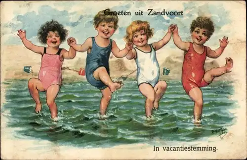 Künstler Ak Thiele, Arthur, Zandvoort Nordholland Niederlande, Kinder in Badeanzügen, Strand