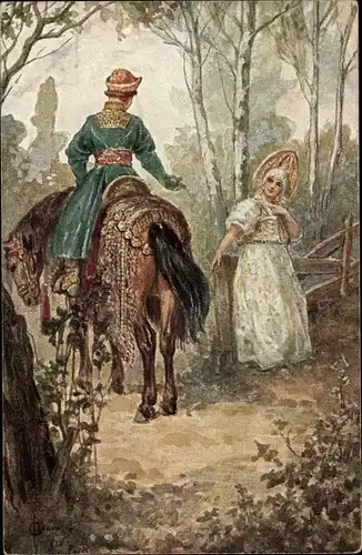 Künstler Ak Solomko, S., Begegnung, russische Trachten