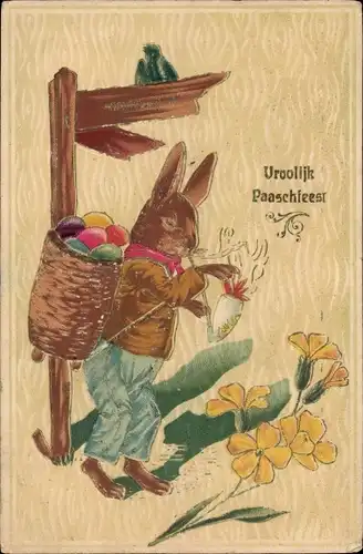 Präge Litho Glückwunsch Ostern, Vermenschlichter Hase, Pfeife, Ostereier