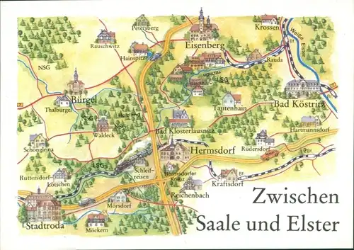 Landkarten Künstler Ak Graichen, Zwischen Saale und Elster, Hermsdorf, Köstritz, Eisenberg