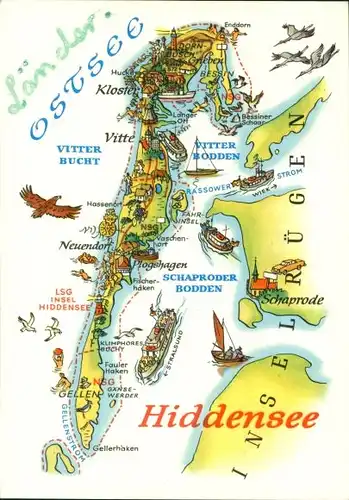 Landkarten Künstler Ak Hoppe, A., Insel Hiddensee, Kloster, Vitte, Schaproder Bodden, Ostsee