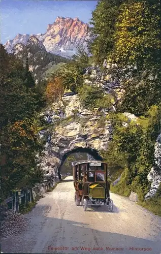 Ak Ramsau im Berchtesgadener Land Oberbayern, Autobus am Weg nach Ramsau - Hintersee