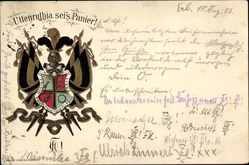 Studentika Litho Wappen eines Studentenvereins, Uttenruhla sei's Panier