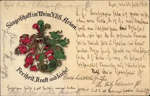 Studentika Ak Wappen eines Studentenvereins, Sängerschaft Arion, Freiheit, Kraft, Liebe
