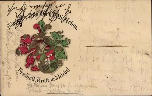 Studentika Ak Wappen eines Studentenvereins, Sängerschaft Arion, Freiheit, Kraft, Liebe