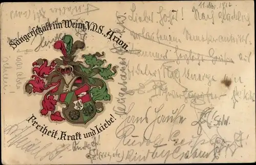 Studentika Ak Wappen eines Studentenvereins, Sängerschaft Arion, Freiheit, Kraft, Liebe