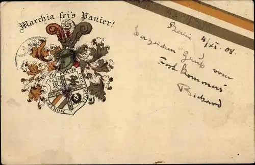 Studentika Litho Wappen eines Studentenvereins, Marchia sei's Panier