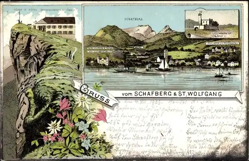 Litho Schafberg im Salzkammergut in Salzburg, Sankt Wolfgang, Hotel, Blumen, Edelweiß