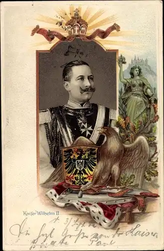 Wappen Präge Litho Kaiser Wilhelm II., Portrait, Adler