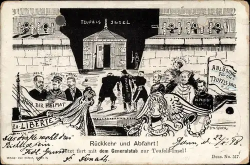Künstler Ak Teufelsinsel, Französische Strafkolonie, Dreyfus-Affäre, Zola, Französischer Generalstab