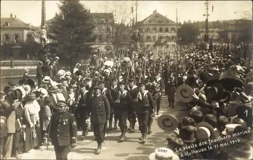 Foto Ak Mulhouse Mulhouse Elsass Haut-Rhin, Siegesparade 14 Juli 1919, Marine