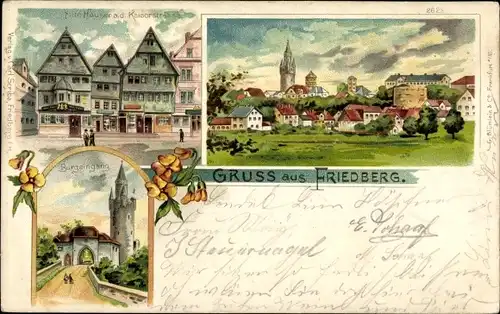 Litho Friedberg in Hessen, Totalansicht, Burgeingang, Kaiserstraße