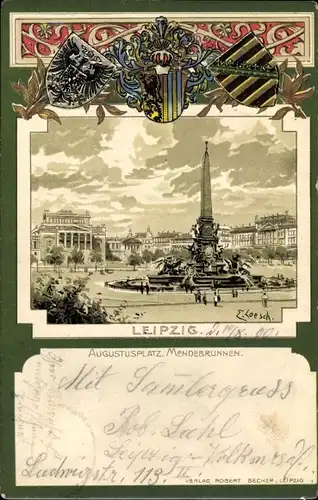 Präge Wappen Künstler Litho Loesch, E., Leipzig in Sachsen, Augustusplatz, Mendebrunnen