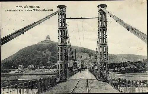 Ak Porta Westfalica in Nordrhein Westfalen, Kettenbrücke, Kaiser Wilhelm-Denkmal