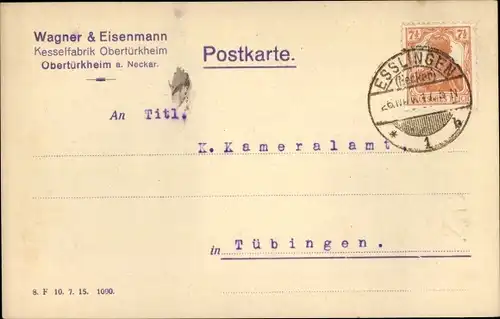 Ak Obertürkheim Stuttgart in Württemberg, Kesselfabrik Wagner & Eisenmann