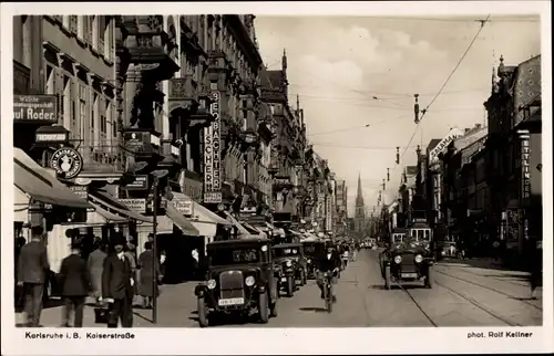 Ak Karlsruhe in Baden Württemberg, Kaiserstraße, Verkehr, Autos, Passanten, Geschäfte