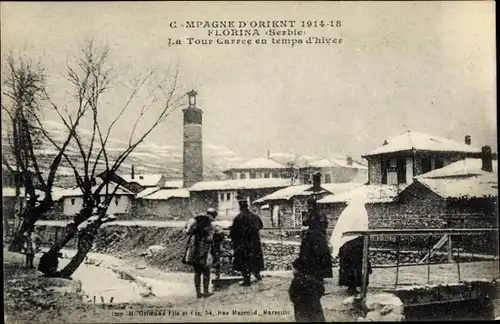 Ak Florina Griechenland, Eckiger Turm, Winter, 1918