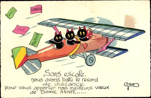 Ak Glückwunsch Neujahr, drei schwarze Katzen im Flugzeug