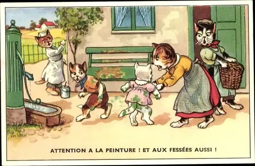 Ak Vermenschlichte Katzen, frisch gestrichene Bank, Maler, Katzenkinder