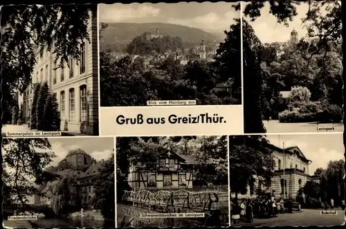 Ak Greiz im Vogtland, Bahnhof, Friedensbrücke, Schwanenhäuschen im Leninpark