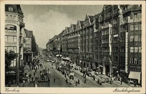 Ak Hamburg Mitte Altstadt, Mönckebergstrasse, Straßenszene, Straßenbahnen