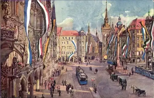 Ak München, Marienplatz, Altes Rathaus, Flaggenschmuck