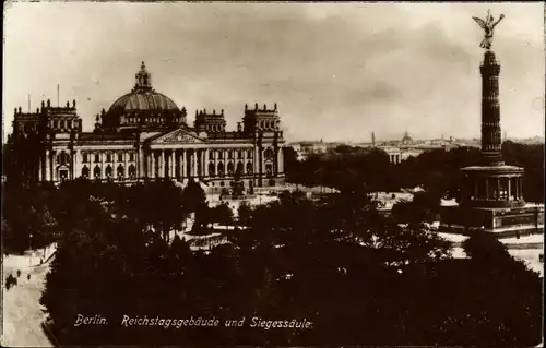 Ak Berlin Tiergarten, Siegessäule, Reichstagsgebäude